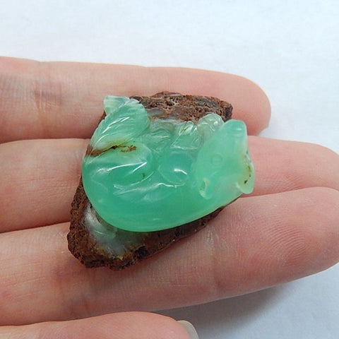 Carved Chrysoprase Gemstone Wolf Cabochon, 36x24x20mm, 12.6g - MyGemGarden