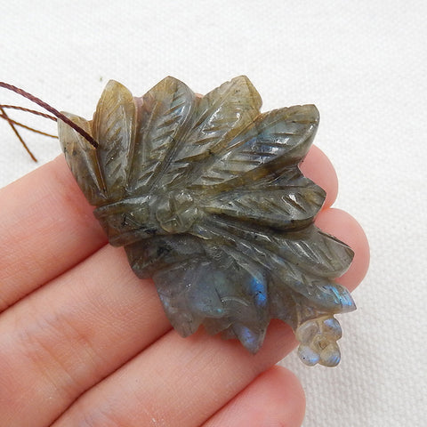 Vintage Hand Carved Labradorite Gemstone Indian Head Pendant, 49x32x9mm, 14.0g