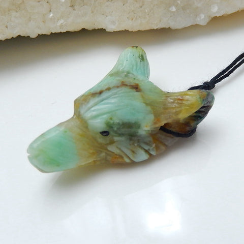 Handmade Carved Chrysocolla Gemstone Wolf Head Pendant Bead, 32x21x11mm, 7.4g - MyGemGarden