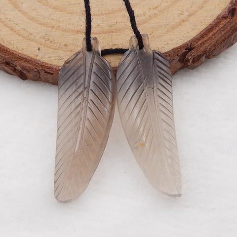 Carved Feather Grey Smoky Quartz Earrings Pair for Making Jewelry, 33x10x3.5mm, 3.5g