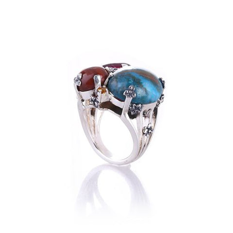 Well Designed!!Stering Silver 925 With Blue Opal With Garnet, Wood Stone Gemstone Intarsia Fashion Jewelry Ring 14.1g(Ring 6 Size) - MyGemGarden