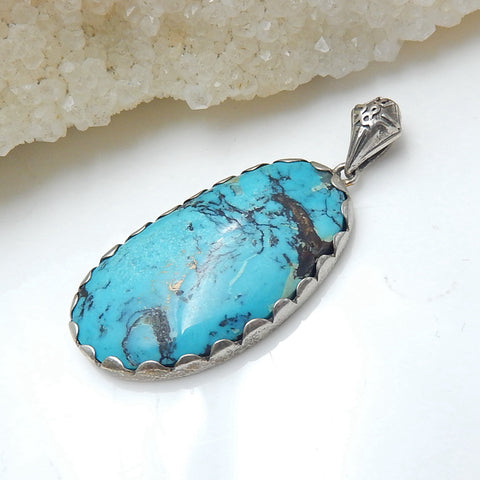 New Natural Sterling Silver 925 Turquoise Hand Inlaid Gemstone Jewelry Pendant, 42x18x5mm, 6.34g - MyGemGarden