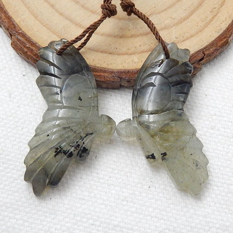 Labradorite Carved Butterfly Earrings Stone Pair, 34x16x5mm, 7.7g - MyGemGarden