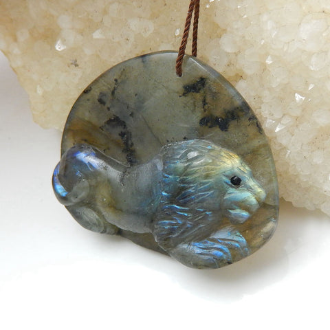 Handmade Carved Lion Labradorite Gemstone Pendant, 47x37x10mm, 21g - MyGemGarden