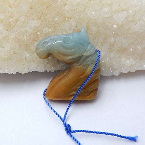 Handmade Amazonite Carved horse head Pendant Bead, 34x30x8mm, , 13.2g - MyGemGarden