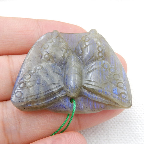 Handmade Labradorite Butterfly Pendant, Animal Carving, 37x30x8mm, 14.4g - MyGemGarden