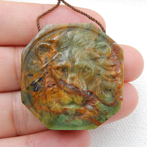 Carved Lion head Serpentine Gemstone Pendant, 33x32x11mm, 20.3g - MyGemGarden