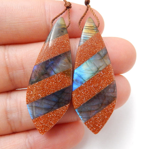 Red Sand Sun Sitara and Labradorite Glued Gemstone Earrings Stone Pair, 38x14x5mm, 6.7g - MyGemGarden