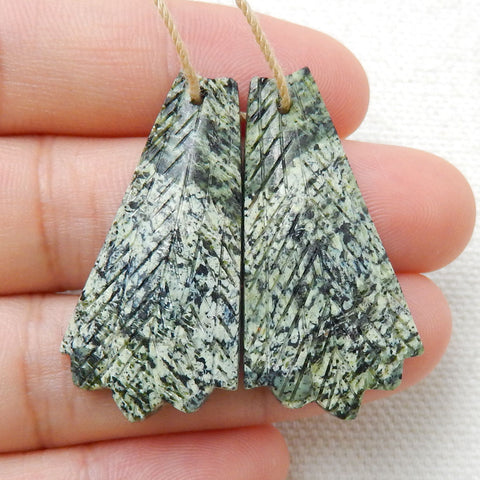 New! Hand Carved green zebra jasper Feather Earrings Pair, Natural Stone, 35x18x4mm, 6.5g - MyGemGarden