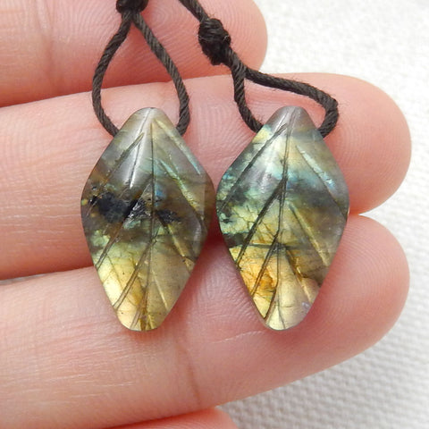 Hot sale Labradorite Carved leaf Earrings Pair, 19x11x4mm, 2.4g - MyGemGarden