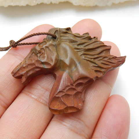 Carved Gemstone Multi-Color Picasso jasper Horse Head Pendant , 34x28x6mm, 9.7g - MyGemGarden