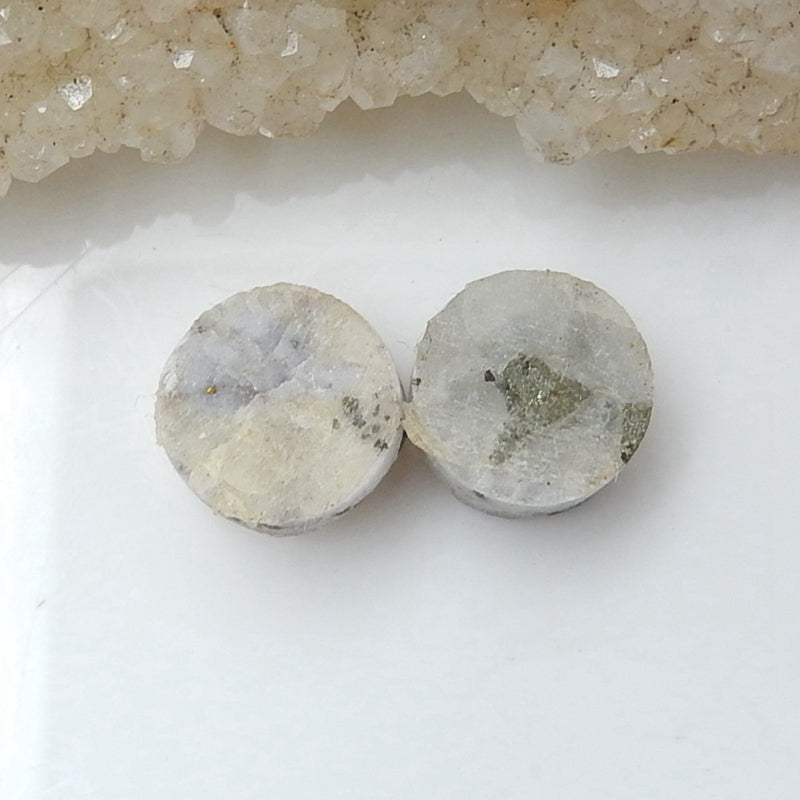 Natural Drusy White Quartz With Pyrite Round Gemstone Cabochon Pair, 10x7mm, 2.6g - MyGemGarden