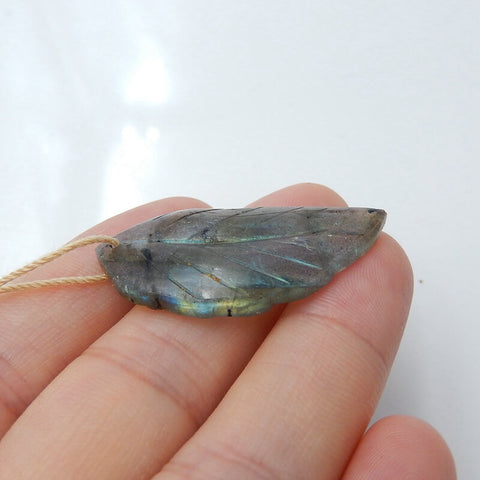 Natural Labradorite carved leaf Pendant Bead, 37x17x4mm, 4.0g - MyGemGarden