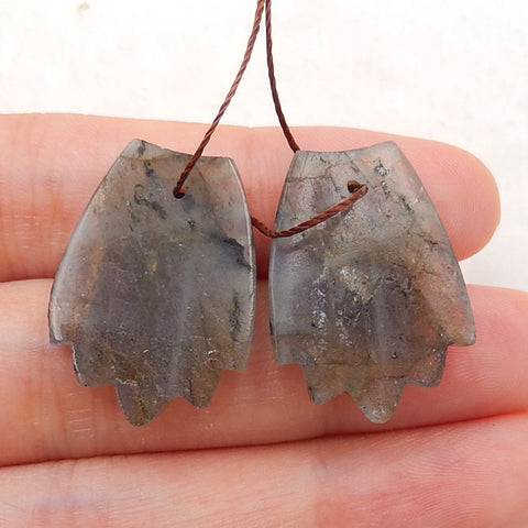 Carved Labradorite Feather Shaped Earrings Stones, 24x17x4mm, 5.5g