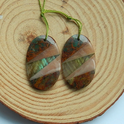 Natural Green opal, Sunstone, Labradorite Glued Earrings Pair, 31x20x4mm,8.8g - MyGemGarden