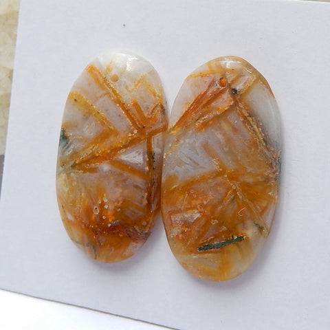 Natural Bamboo Agate Drilled Oval Gemstone Cabochon Pair, 24x13x4mm, 4.3g - MyGemGarden