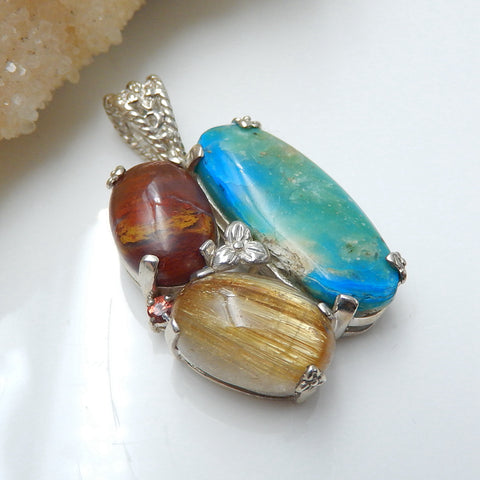 Sterling Silver 925 With Blue opal, Wood Fossil, Gold Rutilated Quartz Intarsia Gemstone Pendant, Gorgeous Pendant, 30x24x10mm, 10.8g - MyGemGarden