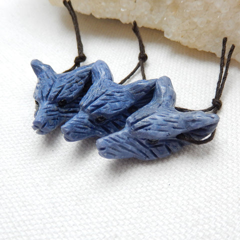 3 PCS Fashion Handcarved Natural blue Fossil coral Wolf Head Pendant Bead Animal Pendant Carving Gemstone, 25x19x9mm, 10.9g - MyGemGarden