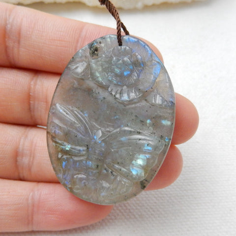 Labradorite hand carved butterfly & Flower charms Pendant, 41x32x5mm, 10.2g - MyGemGarden