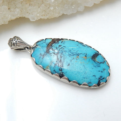 New Natural Sterling Silver 925 Turquoise Hand Inlaid Gemstone Jewelry Pendant, 42x18x5mm, 6.34g - MyGemGarden