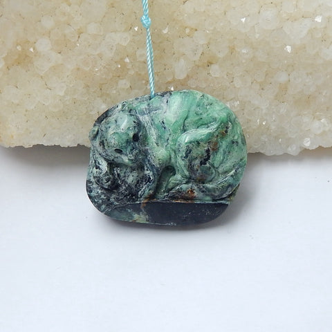 New Arrival Green Turquoise Carved Cat Pendant Bead, 37x30x13mm, 18.5g - MyGemGarden