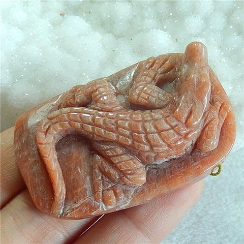 Natural Sunstone Carved lizard Pendant, 53x32x14mm, 37.61g - MyGemGarden