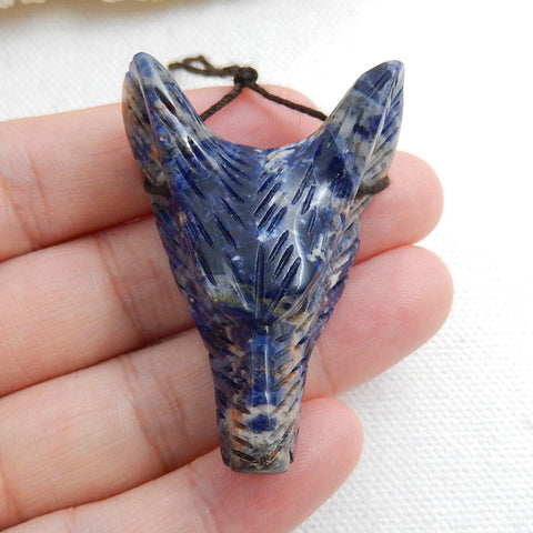 Handmade African Sodalite Carved Wolf Head Pendant Bead, 46x29x15mm, 17.5g - MyGemGarden