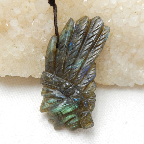 Carved Natural Labradorite Gemstone Indian Head Pendant, 48x23x6mm, 10.8g - MyGemGarden