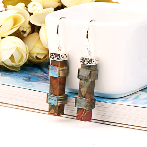 Hot Sale Natural Stone Multi-Color Picasso Jasper And Labradorite intarsia 925 Sterling Silver Handmade Earring Bead 33x8mm 9.8g - MyGemGarden