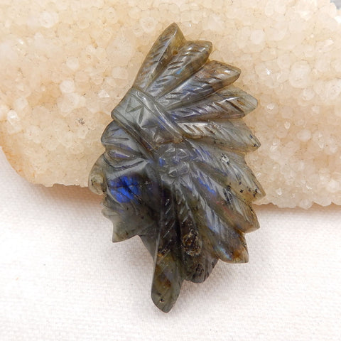 Vintage Hand Carved Labradorite Gemstone Indian Head Pendant , 61x37x8mm, 20.1g - MyGemGarden