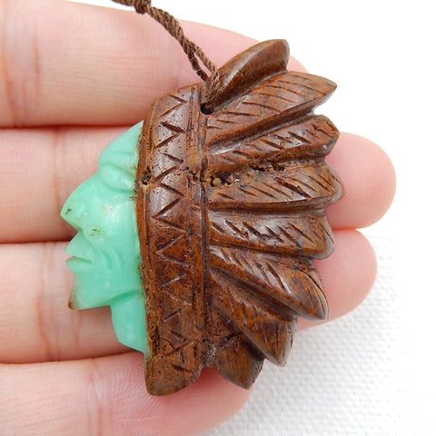 Carved Natural Chrysoprase Gemstone Indian Head Pendant, 43x35x9mm, 14.2g - MyGemGarden