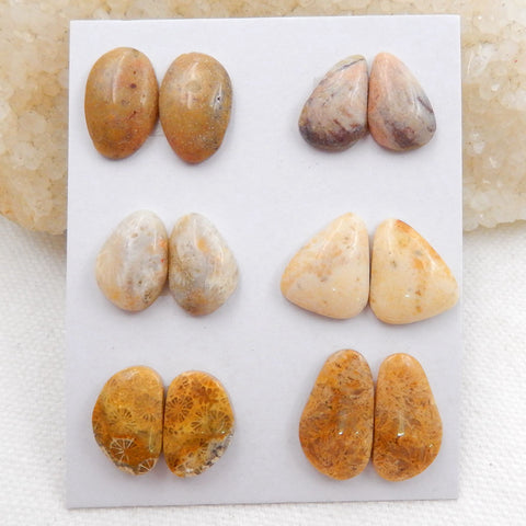 Sale 6 Pairs Indonesian Fossil Coral Gemstone Cabochons, 15x10x4mm, 18x10x4mm, 10.6g - MyGemGarden