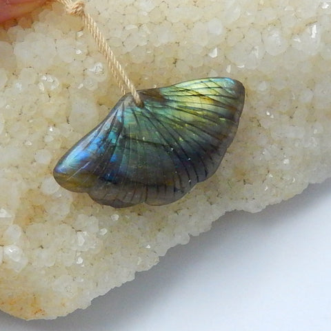 Labradorite Carved Leaf Pendant Bead, 40x22x6mm, 6.7g - MyGemGarden