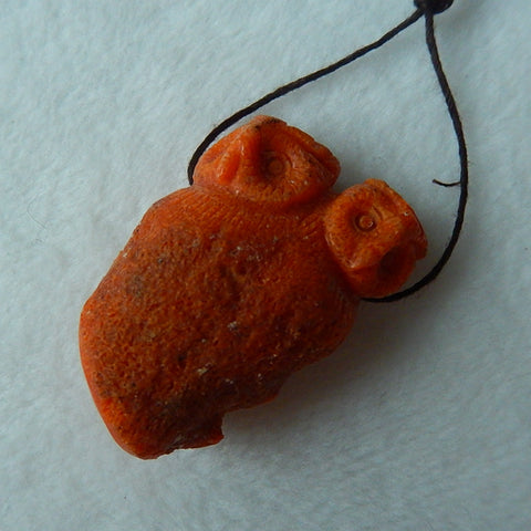 Beautiful New Design Orange Fossil Coral Carved Owl Drilled Pendant, 41x26x17mm, 21.2g - MyGemGarden