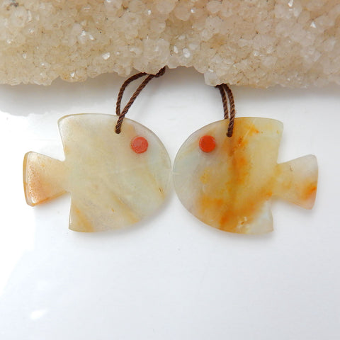 Carved Amazonite Gemstone Fish Earrings Pair, Red River Jasper Eye, 28x22x4mm, 7.2g - MyGemGarden