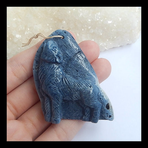 Carved Gemstone Blue Coral Wolf Pendant Bead, Handmade Carving Pendant, 59x36x15mm, 32g - MyGemGarden