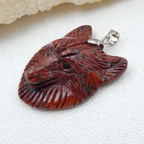 Carved Fox head African Blood Stone Gemstone Pendant, 925 Sterling Silver Buckle.33x26x11mm, 11.1g - MyGemGarden