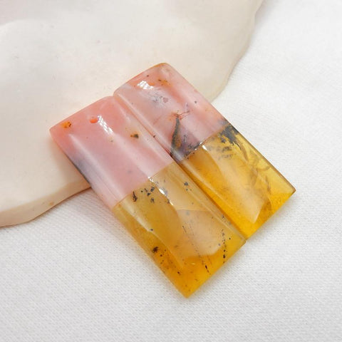 Pink Opal and Yellow Opal Glued Rectangle Earrings Stone Pair, 35x13x4mm, 7.2g