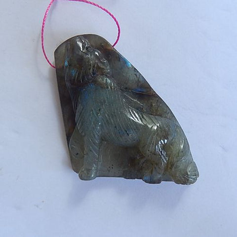 Carved Labradorite Gemstone Wolf Pendant, 58x37x11mm, 28.5g - MyGemGarden