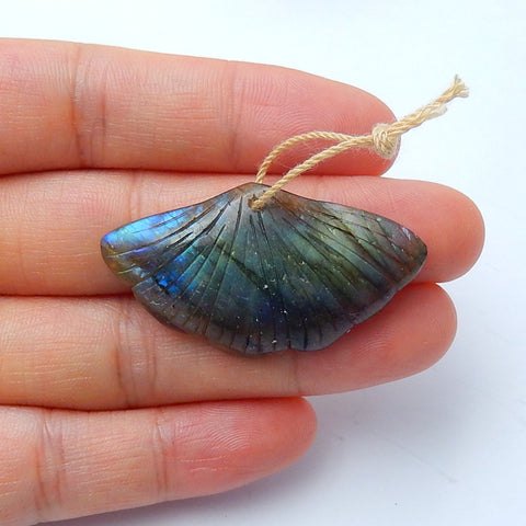 Labradorite Carved Leaf Pendant Bead, 40x22x6mm, 6.7g - MyGemGarden