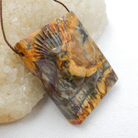 New, Carved Gemstone Multi-Color Picasso jasper Pendant , 46x36x13mm, 45.6g - MyGemGarden