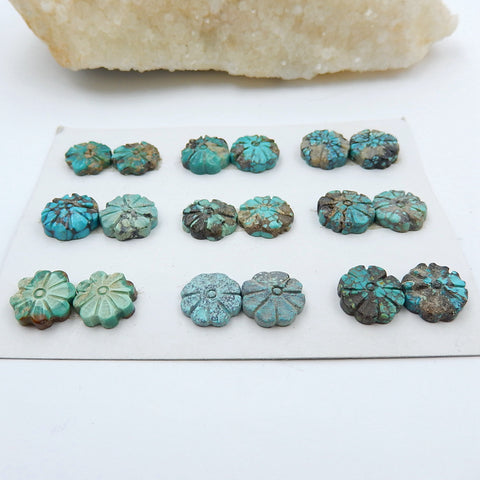 9 pair Turquoise Carved Flowers Cabochon Pairs, 12x4mm, 12x5mm, 18.5g - MyGemGarden