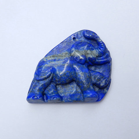 Handmade Lapis Lazuli Carved Elephant Pendant Bead, 52x52x11mm, , 56.7g - MyGemGarden