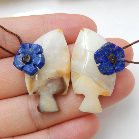 New Natural Gemstone Carved fish Amazonite with lapis lazuli ntarsia fashion Gemstone Earrings Pairs, 32x17x4mm, 12x12x3mm, 9.3g - MyGemGarden