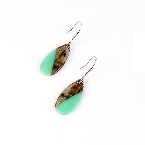 Hot Sale Natural Stone Chrysoprase And Labradorite intarsia 925 Sterling Silver Handmade Earrings 33x15x4mm 6.6g - MyGemGarden