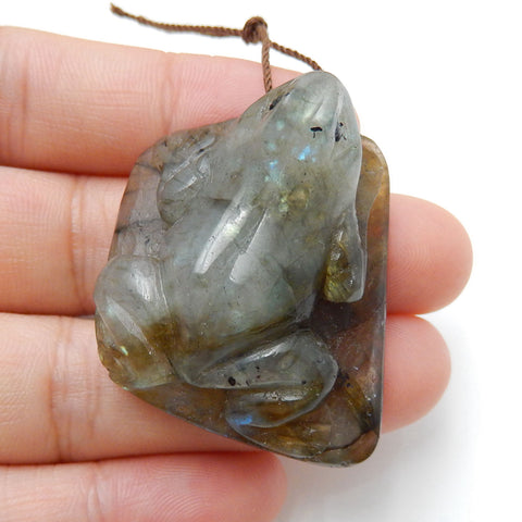 Handmade Labradorite Frog Pendant, Animal Carving, 35x29x17mm, 21.3g - MyGemGarden