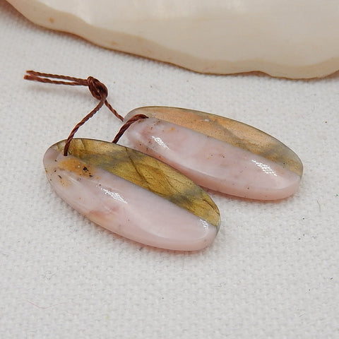 Labradorite And Pink Opal Glued Gemstone Earrings Stone Pair, 27x12x4mm, 4.3g - MyGemGarden