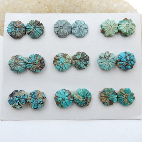 9 pair Turquoise Carved Flowers Cabochon Pairs, 12x4mm, 12x5mm, 18.5g - MyGemGarden