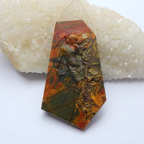 New design Multi-Color Picasso jasper Carved Gemstone Pendant Bead, 71x40x10mm, 38.8g - MyGemGarden