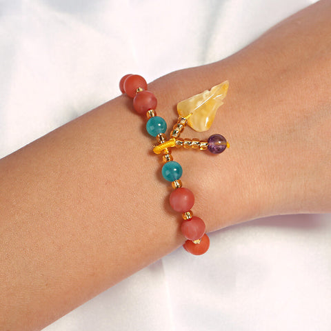 Natural 7mm Frosted straw berry quartz and amber leaf beaded Elastic bracelet, 10.8g - MyGemGarden